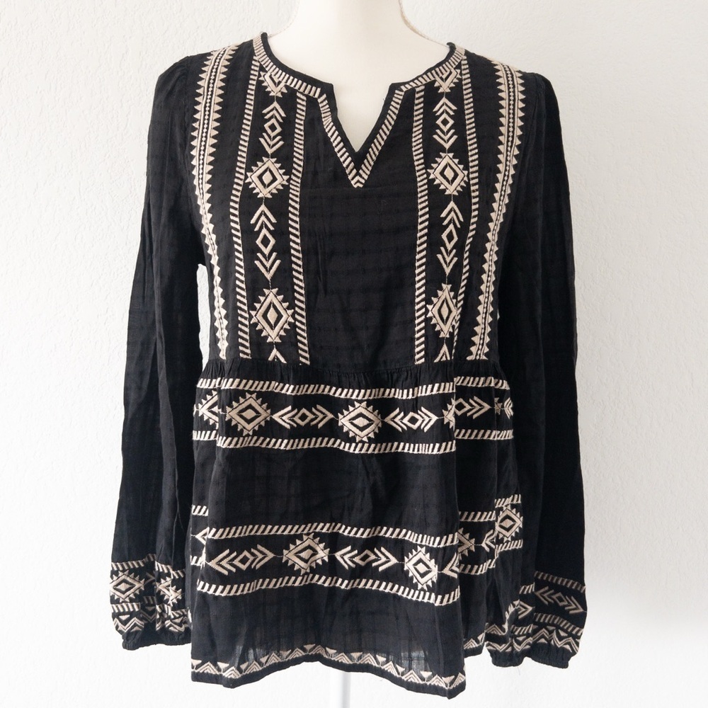 Savanna Jane Black and White Embroidered‎ Long Sleeve Blouse Size Small